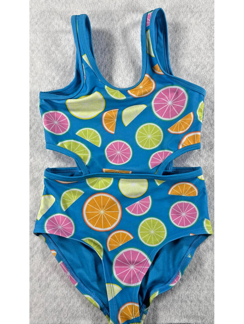 DSG Girls XS Blue Citrus Print Cut Out One Piece Swimsuit UPF 50+ NWT‎